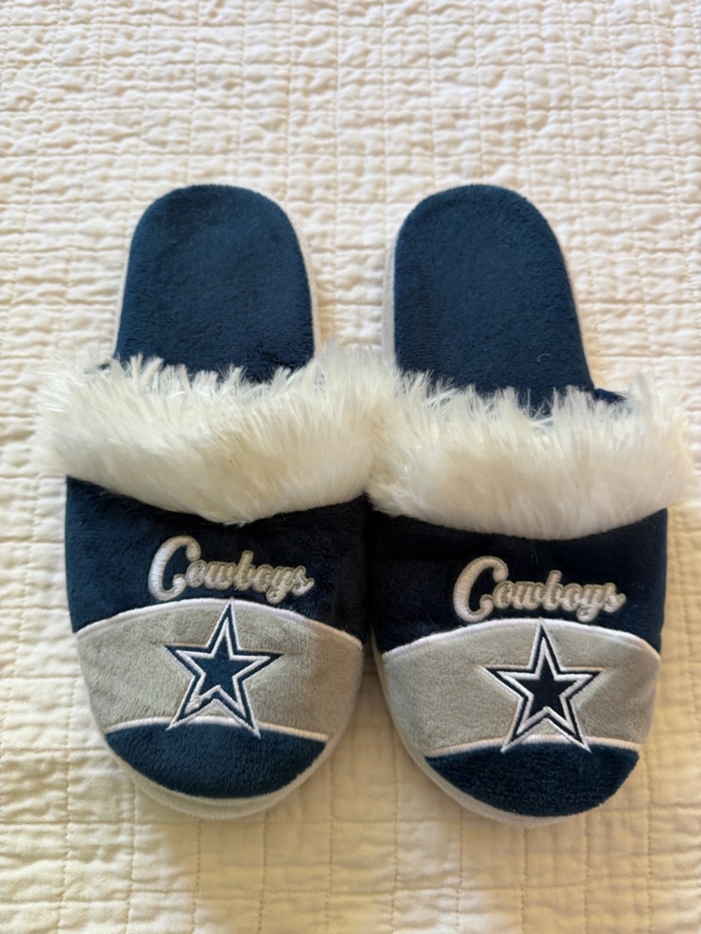 FOCO Dallas Cowboys Navy Slippers with White Faux Fur Trim